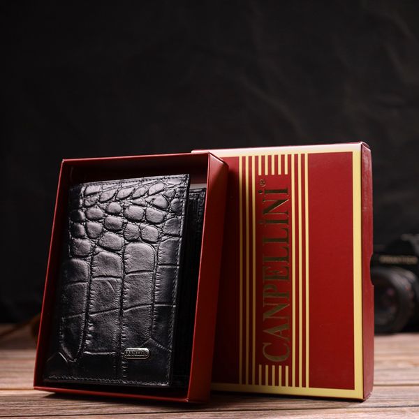 Цікавий чоловічий гаманець вертикального формату з натуральної шкіри з тисненням під крокодила CANPELLINI 21755 Чорний 21755 фото