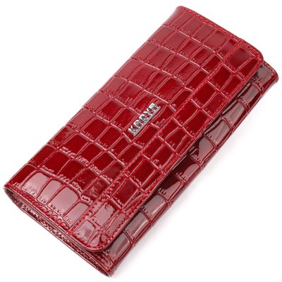Місткий лакований горизонтальний гаманець з натуральної шкіри з тисненням під крокодила KARYA 21175 Червоний 21175 фото