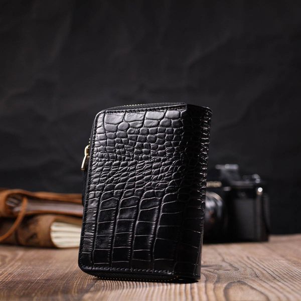 Компактний жіночий гаманець з місткою монетницею на блискавці з натуральної шкіри з тисненням під крокодила Tony Bellucci 22014 Чорний 22014 фото