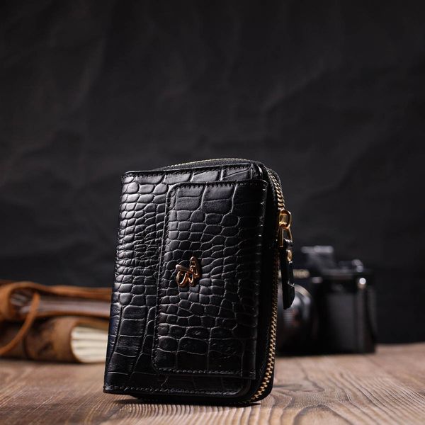 Компактний жіночий гаманець з місткою монетницею на блискавці з натуральної шкіри з тисненням під крокодила Tony Bellucci 22014 Чорний 22014 фото