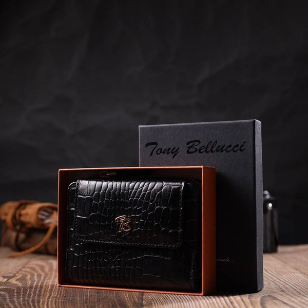 Компактный женский кошелек с вместительной монетницей на молнии из натуральной кожи с тиснением под крокодила Tony Bellucci 22014 Черный 22014 фото