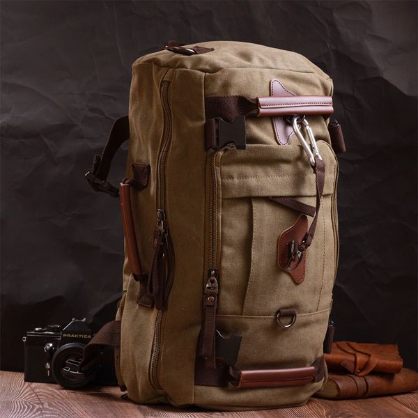 Місткий рюкзак-трансформер у стилі мілітарі із щільного текстилю Vintage 22158 Оливковий 56794 фото