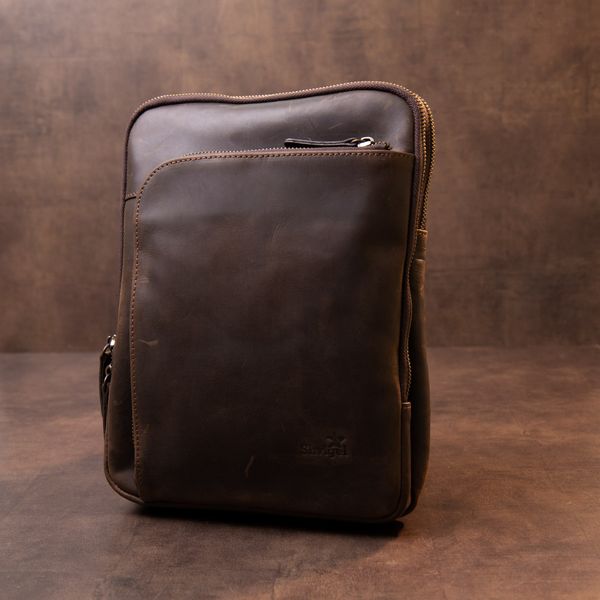 Оригінальна сумка з накладною кишенею на блискавці в матовій шкірі 11280 SHVIGEL, Коричнева 46885 фото