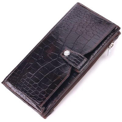 Лакированное вертикальное мужское портмоне из натуральной кожи с тиснением под крокодила KARYA 21424 Коричневый 21424 фото