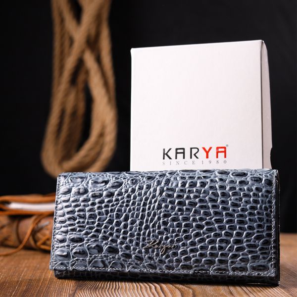 Функціональний горизонтальний гаманець із натуральної шкіри з тисненням під крокодила KARYA 21169 Сірий 21169 фото